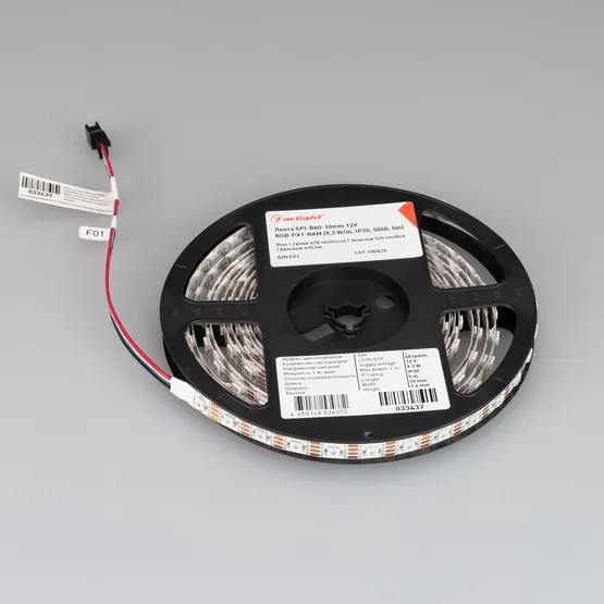 Фото #4 товара Светодиодная лента SPI-B60-10mm 12V RGB-PX1-RAM (9.3 W/m, IP20, 5060, 5m) (Arlight, бегущий огонь)