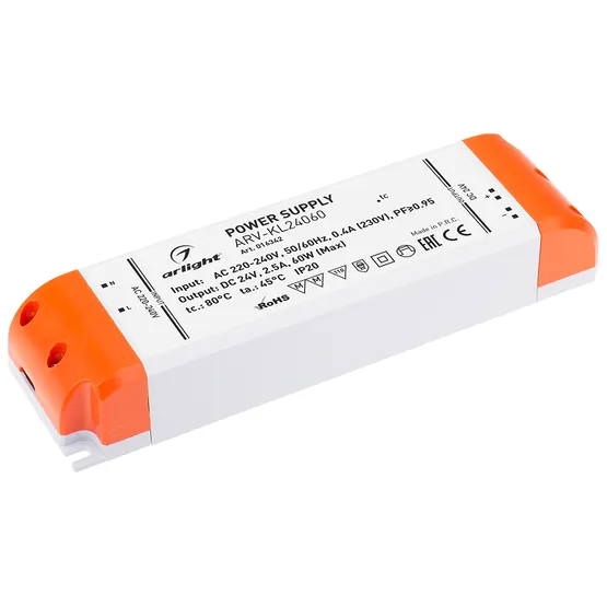 Фото товара Блок питания ARV-KL24060 (24V, 2.5A, 60W, PFC) (Arlight, IP20 Пластик, 2 года)