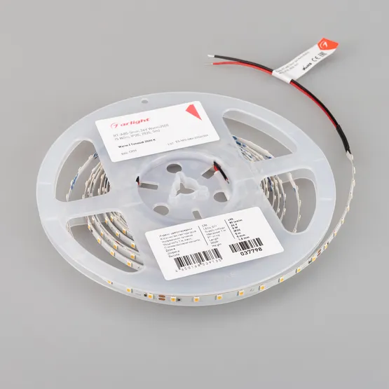 Фото #2 товара Светодиодная лента RT-A80-5mm 24V Warm3500 (5 W/m, IP20, 2835, 5m) (Arlight, Открытый)