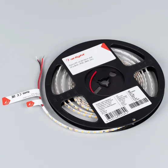 Фото #3 товара Светодиодная лента RT-A120-5mm 24V Warm3000 (9.6 W/m, IP20, 2835, 5m) (Arlight, узкая)