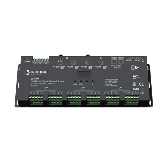 Фото товара INTELLIGENT ARLIGHT Декодер SMART-PWM-124-83-SH-RDM-SUF Black (12-24V, 24x4A, XLR3, DMX512) (Arlight, IP20 Металл, 5 лет)