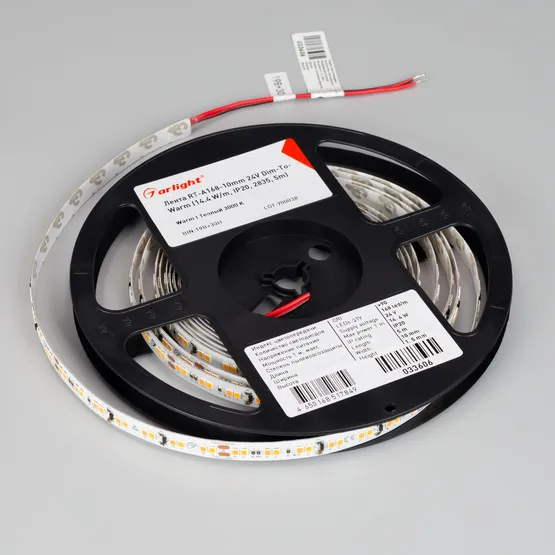 Фото #2 товара Светодиодная лента RT-A168-10mm 24V Dim-To-Warm (14.4 W/m, IP20, 2835, 5m) (Arlight, Dim-To-Warm)