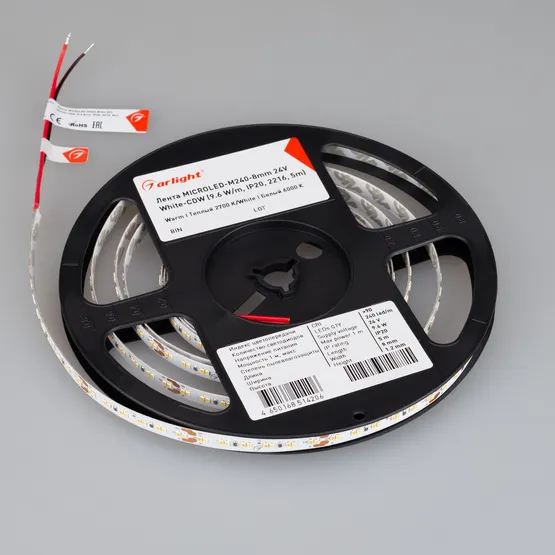 Фото #5 товара Светодиодная лента MICROLED-M240-8mm 24V White-CDW (9.6 W/m, IP20, 2216, 5m) (Arlight, Открытый)