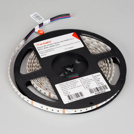 Фото #4 товара Светодиодная лента RT-H120-10mm 24V RGB (13.2 W/m, IP20, 4040, 5m) (Arlight, Открытый)