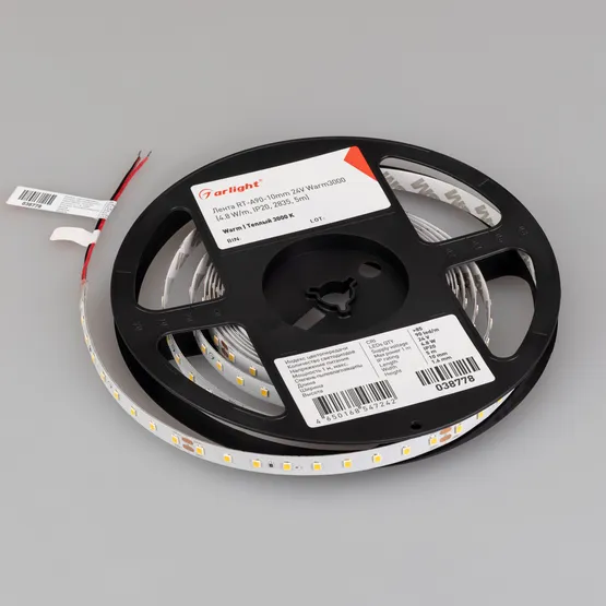 Фото #5 товара Светодиодная лента RT-A90-10mm 24V Warm3000 (4.8 W/m, IP20, 2835, 5m) (Arlight, высок.эфф.200 лм/Вт)