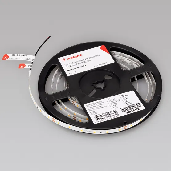 Фото #4 товара Светодиодная лента RT-A60-8mm 24V Warm2400 (7.2 W/m, IP20, 2835, 5m) (Arlight, Открытый)