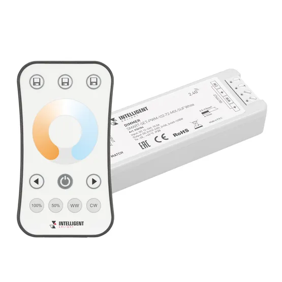 Фото #1 товара INTELLIGENT ARLIGHT Диммер SMART-SET-PWM-102-72-MIX-SUF White (12-24V, 2x5A, ПДУ RING 10кн, 2.4G) (IARL, Контроллер)