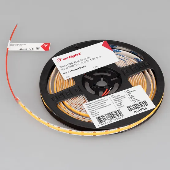 Фото #3 товара Светодиодная лента COB-X360-8mm 5V Warm2700 (5 W/m, IP20, 5m) (Arlight, -)